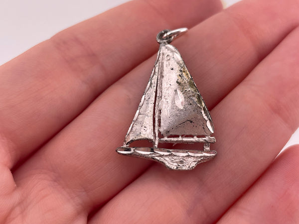 sterling silver rhodium plated etched sailboat pendant