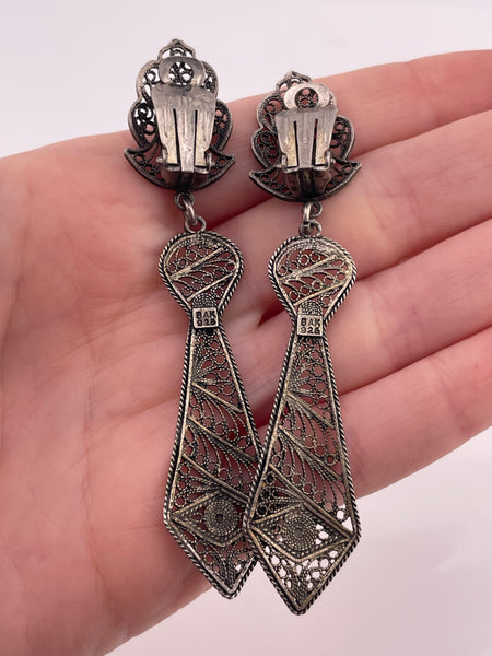 sterling silver large filigree clip on dangle earrings