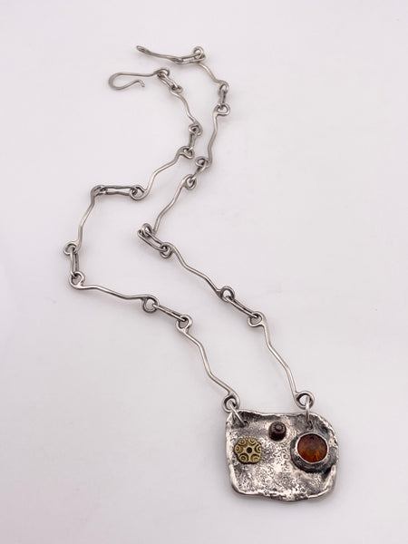 sterling silver, brass, & copper artisan Sherry Tinsman amber necklace