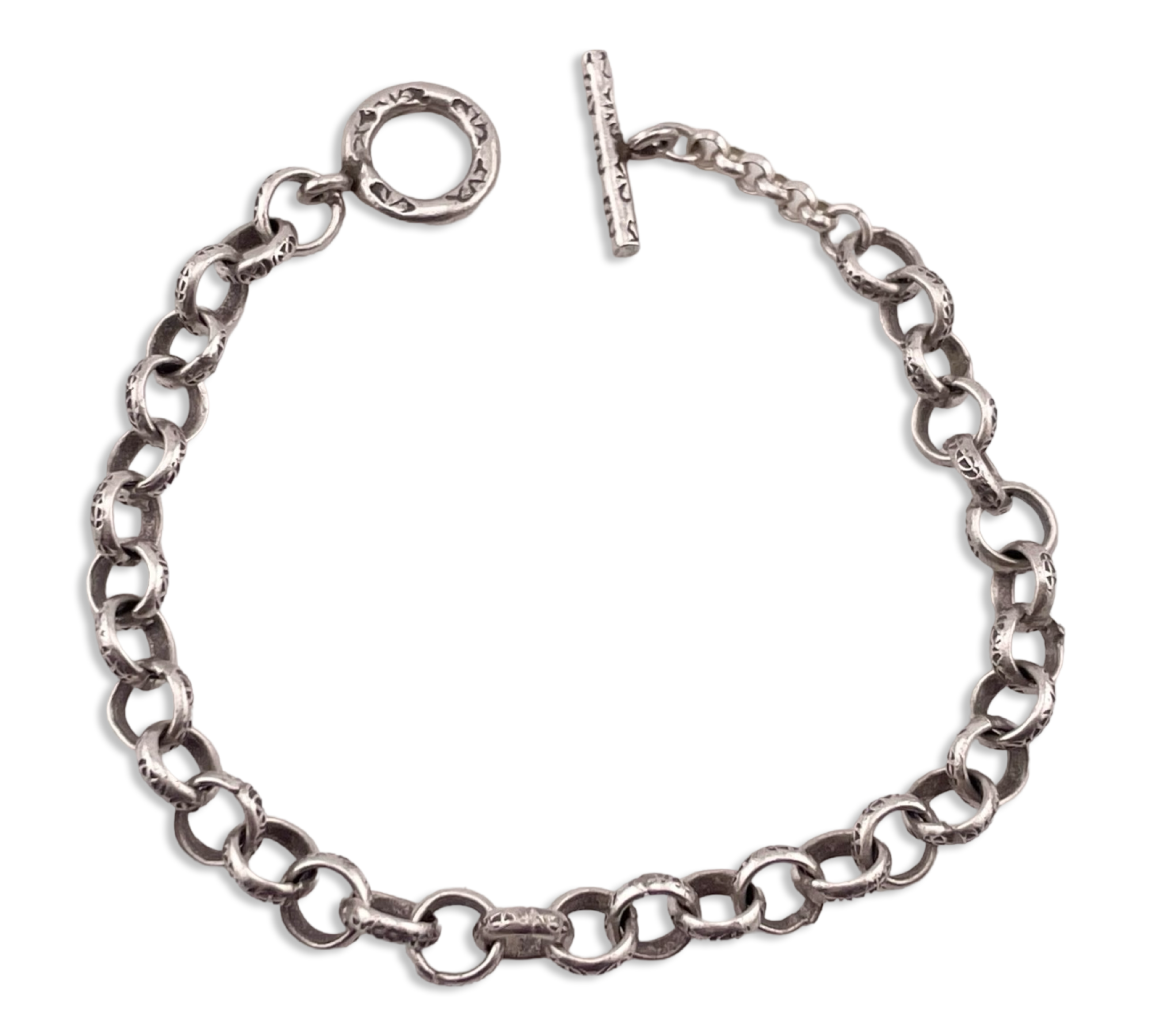 sterling silver 8-3/8" stamped circle link toggle chain bracelet