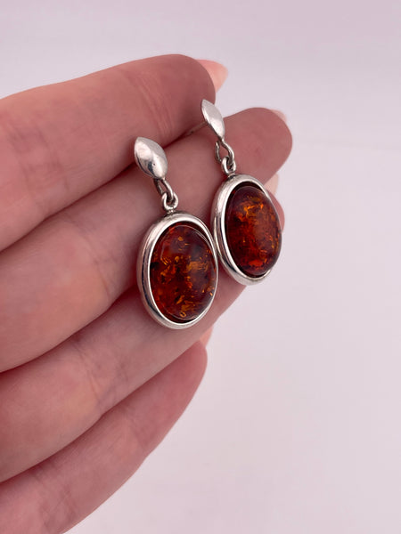 sterling silver oval amber post dangle earrings