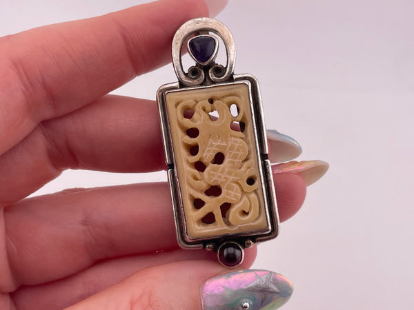 sterling silver carved resin amethyst garnet pendant