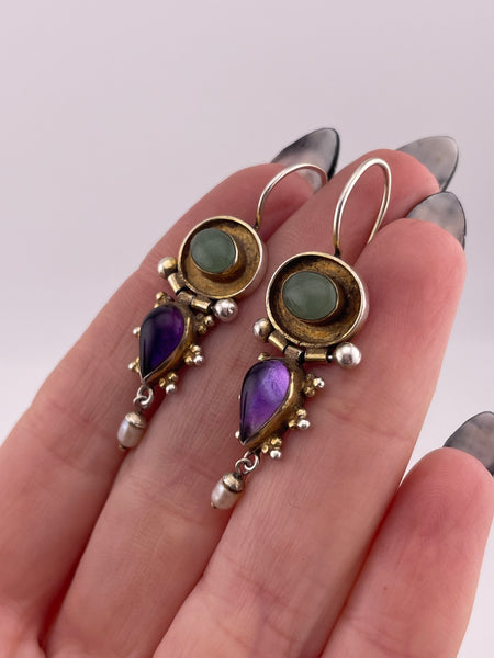 sterling silver gold wash amethyst, jade, & pearl dangle earrings