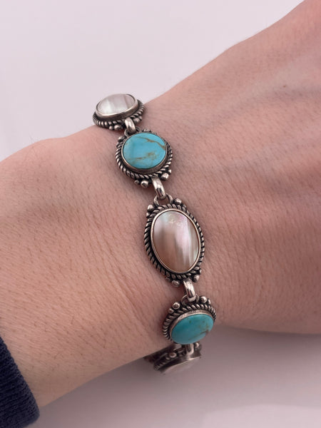 sterling silver 7-1/2" mother of pearl shell stabilized turquoise bracelet