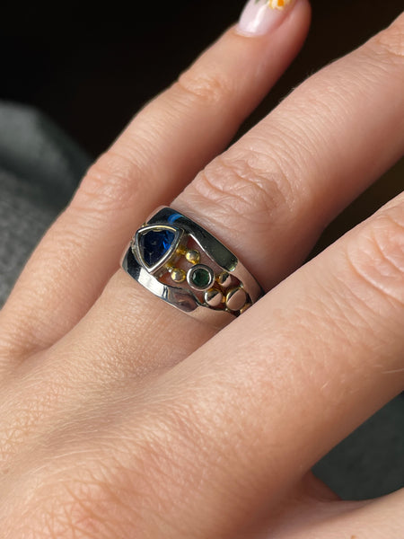 size 6.75 sterling silver gold wash faceted blue green glass ring
