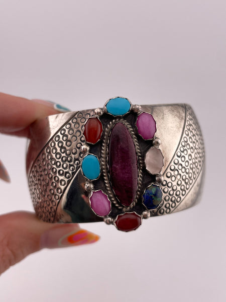 sterling silver chunky heavy ~55 grams wide multi-stone cuff bracelet
