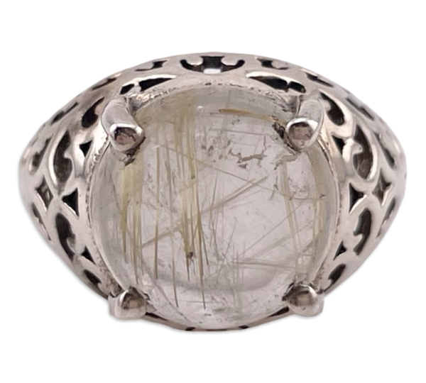 size 6.25 sterling silver round rutilated quartz cut-out design ring