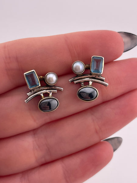 sterling silver & gold plated pearl, topaz, & hematite post earrings