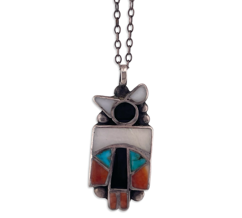 sterling silver multi-stone inlay bird pendant necklace