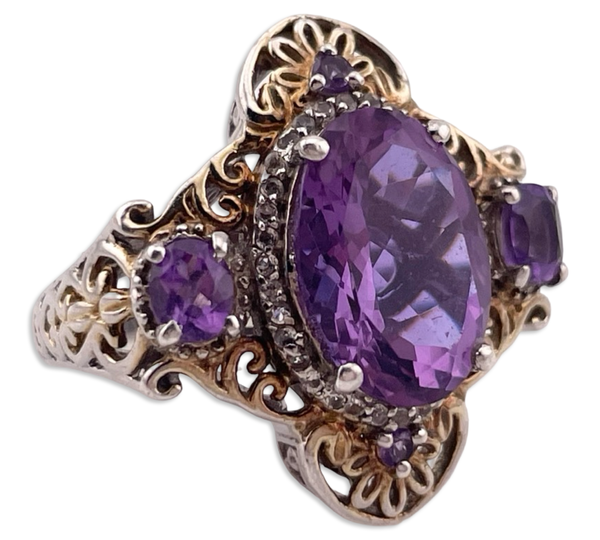 size 7.5 sterling silver gold wash faceted purple glass ring