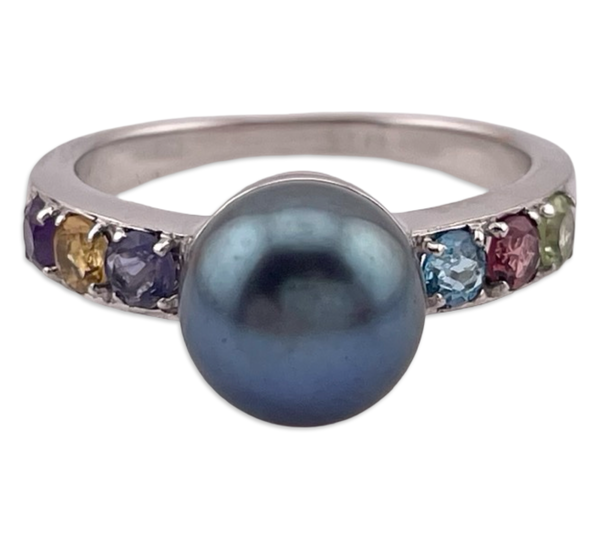size 9 sterling silver pearl & multi-gemstone ring