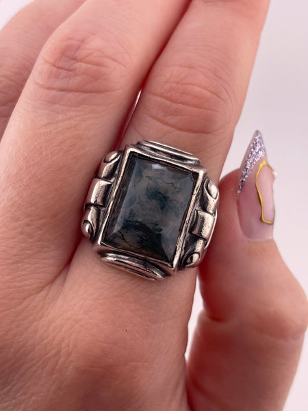 size 9.5 sterling silver Art Deco moss agate ring