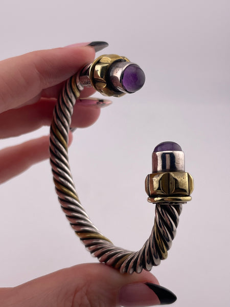 sterling silver & brass heavy cable twist amethyst cuff bracelet