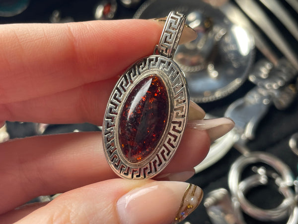 sterling silver synthetic amber Greek Key design pendant