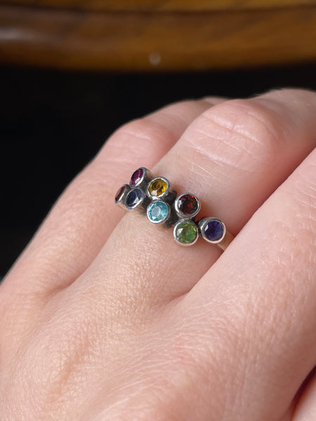 size 6.5 sterling silver faceted multi-gemstone ring