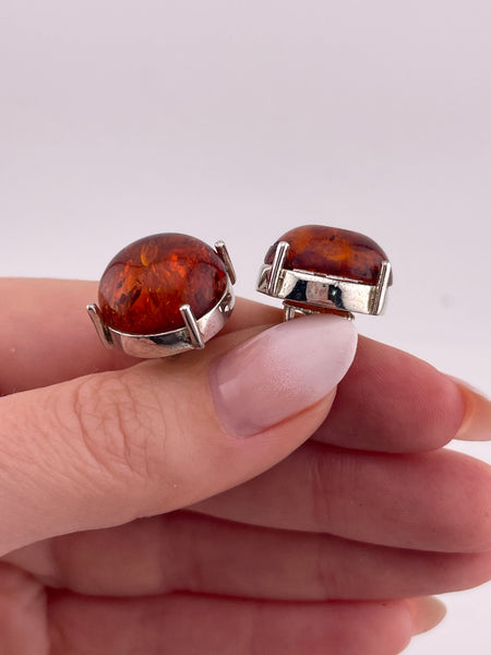 sterling silver round amber prong setting post earrings