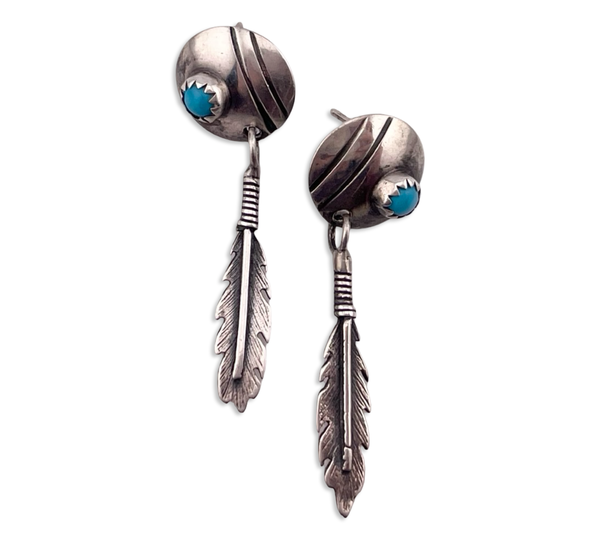 sterling silver turquoise feather post dangle earrings