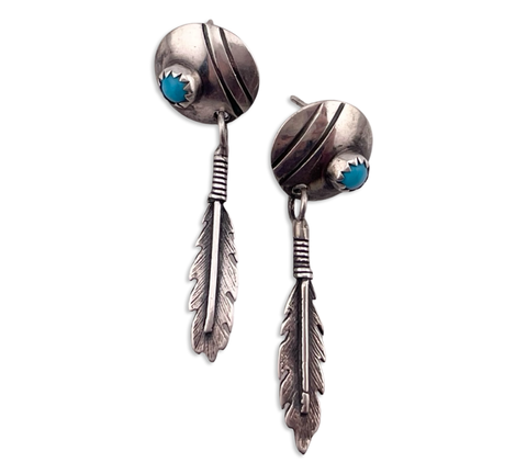 sterling silver turquoise feather post dangle earrings