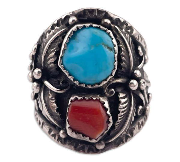 size 9.75 sterling silver turquoise & coral ring