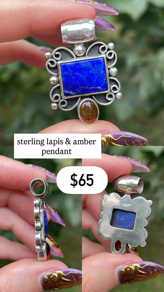 RESERVED PRIVATE LISTING -- sterling silver lapis amber pendant A29