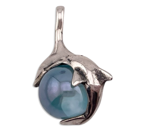 sterling silver dolphin blue glass gazing ball pendant