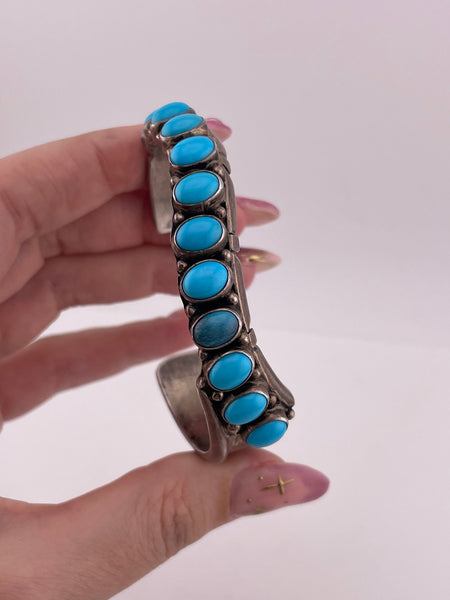 sterling silver signed JT turquoise row cuff bracelet