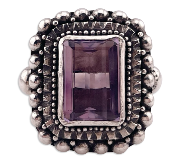 size 8.25 sterling silver chunky heavy faceted amethyst rectangle ball design ring