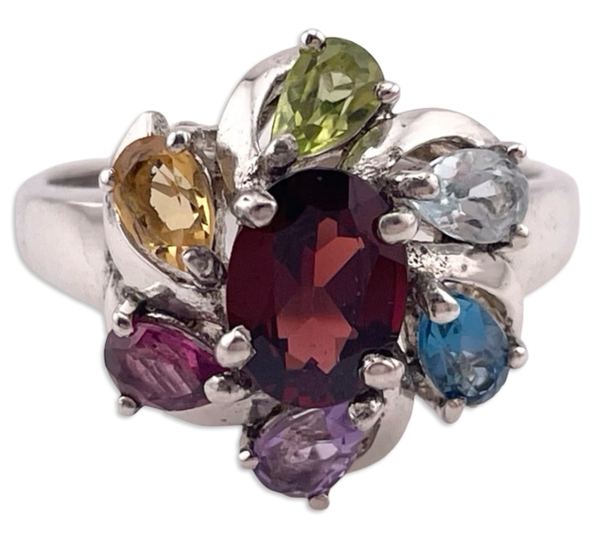 size 8.75 rhodium plated sterling silver faceted colorful multi-gemstone ring
