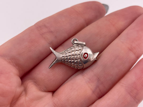 sterling silver puffy fish red eyes pendant