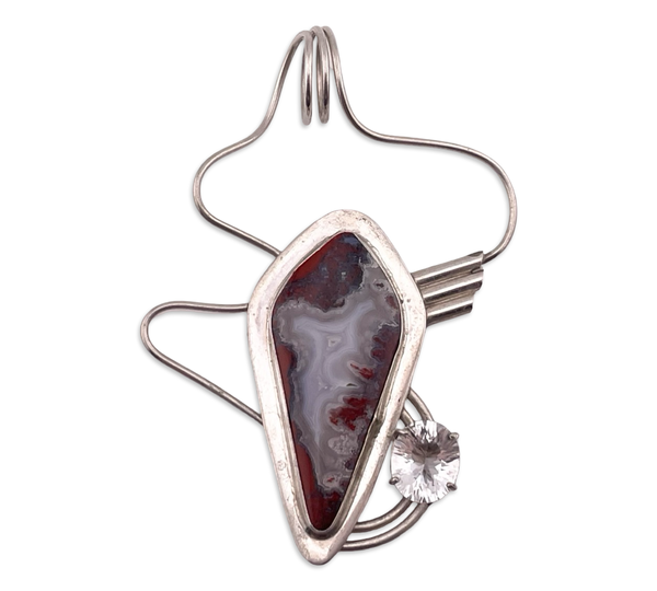 sterling silver large artisan agate & faceted quartz freeform pendant