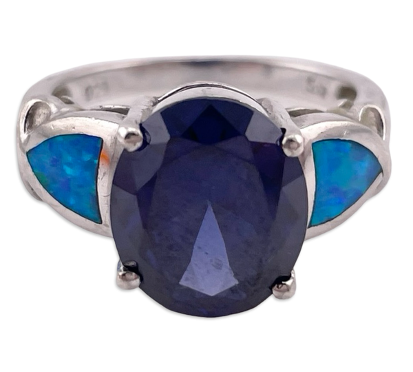 size 7.5 sterling silver faceted blue glass synthetic opal ring