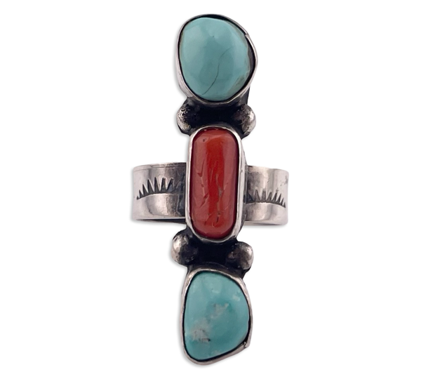 size 4.25 sterling silver three stone turquoise & coral signed LC ring