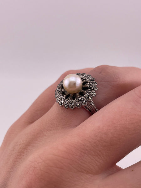 size 6.25 sterling silver rhodium plated marcasite faux pearl ring