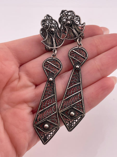 sterling silver large filigree clip on dangle earrings