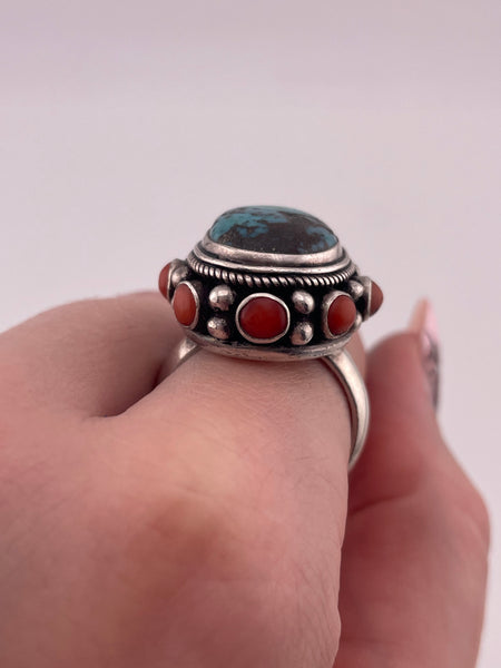 size 9 sterling silver chunky turquoise & coral border ring