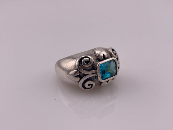 size 7 sterling silver chunky faceted blue glass heart swirl ring