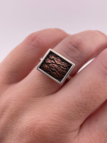 size 6.25 sterling silver & copper textured rectangle ring