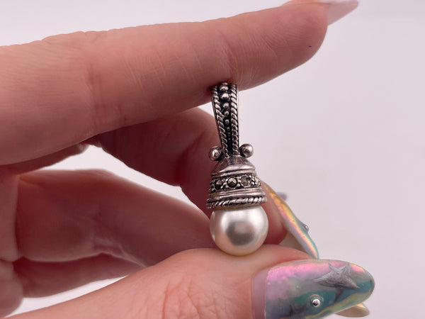 sterling silver synthetic pearl marcasite pendant