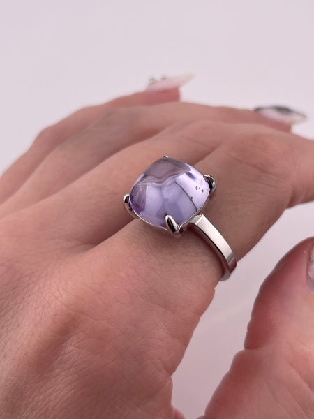 size 8 sterling silver rhodium plated purple glass prong ring