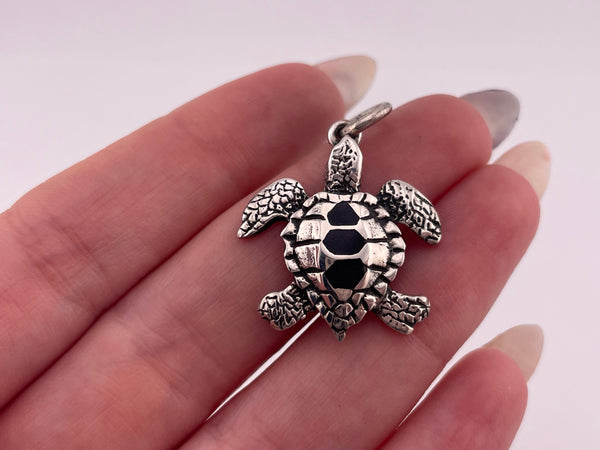 sterling silver black resin sea turtle pendant