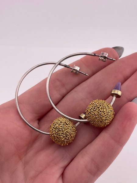 sterling silver amethyst gold wash spinning orbs partial hoop post earrings