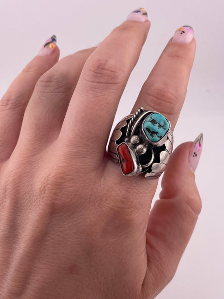 size 11.5 sterling silver turquoise coral ring
