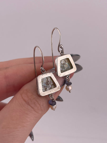 sterling silver Roman glass pearl hook dangle earrings