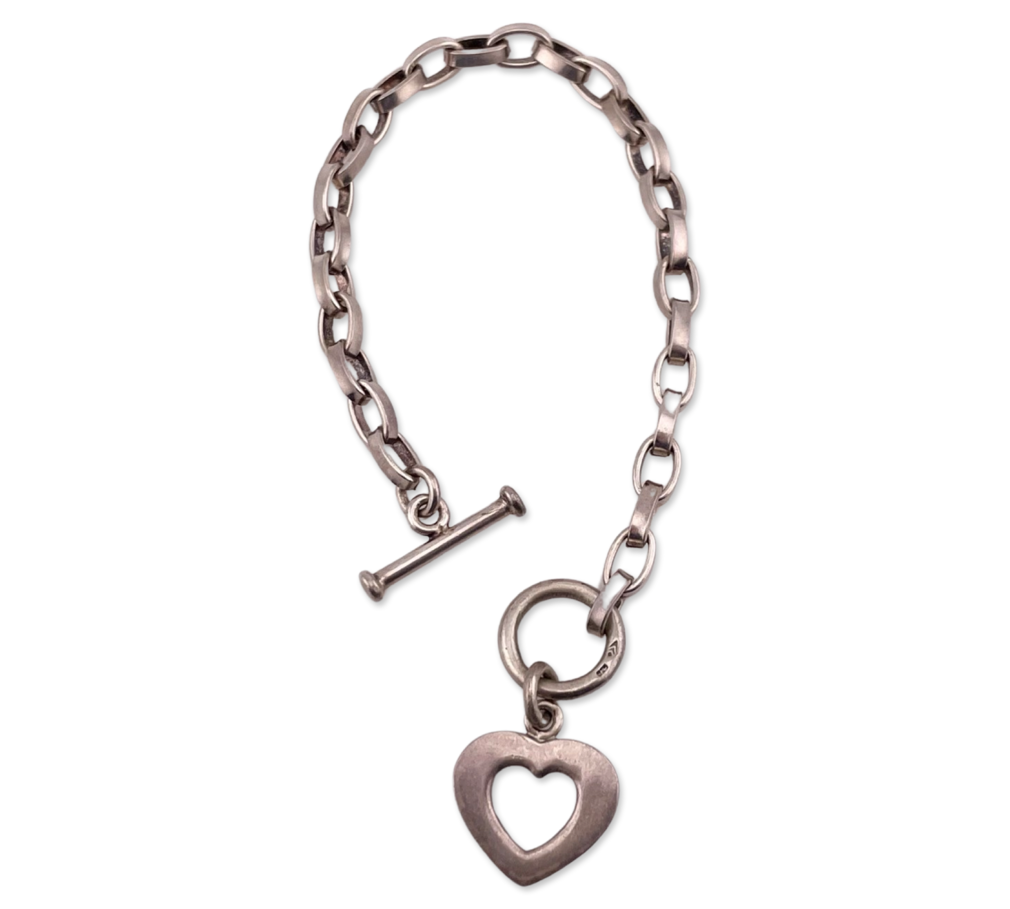 sterling silver 7-3/4" oval chain link t-bar toggle clasp heart bracelet