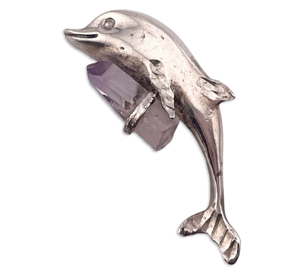 sterling silver etched dolphin amethyst pendant
