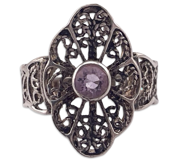 size 6 sterling silver faceted amethyst filigree scroll ring