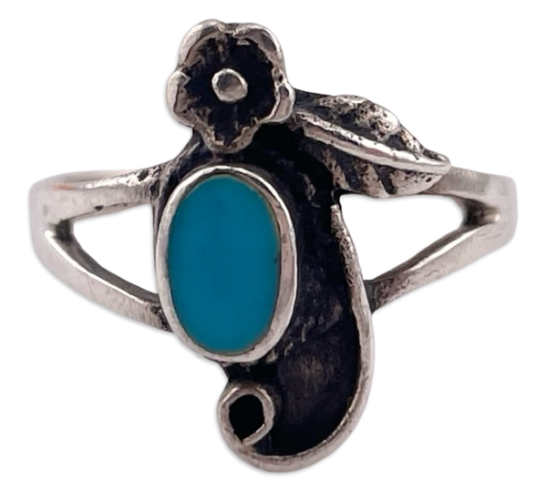 size 6 sterling silver synthetic turquoise flower leaf ring