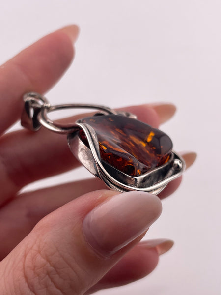 sterling silver amber flower pendant