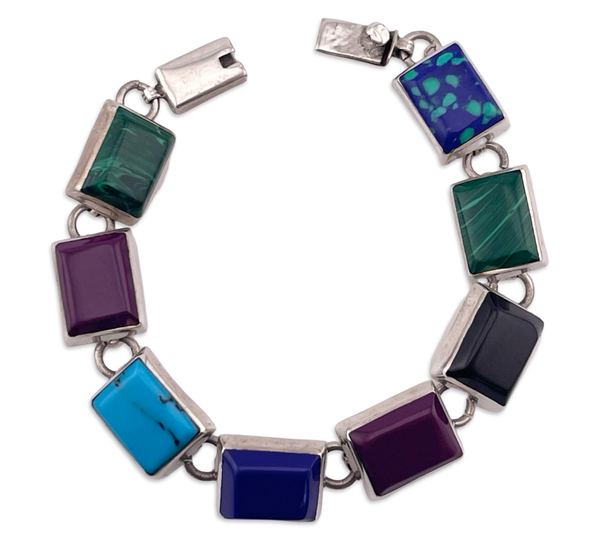 sterling silver Mexican heavy synthetic stone link bracelet