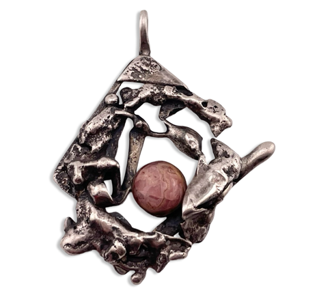 sterling silver artisan handmade brutalist rhodochrosite pendant